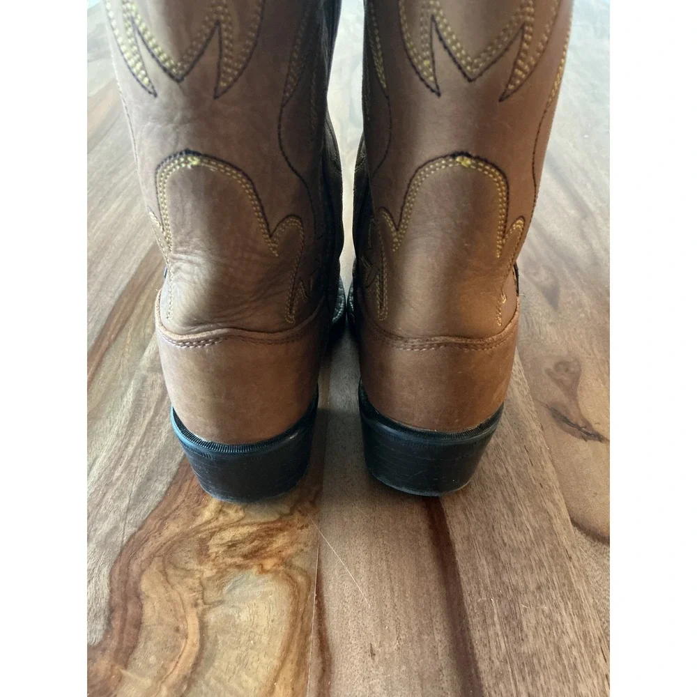 Old West Kids Leather Cowboy Boots Tan Brown Western Stitch 8129 Size 10D